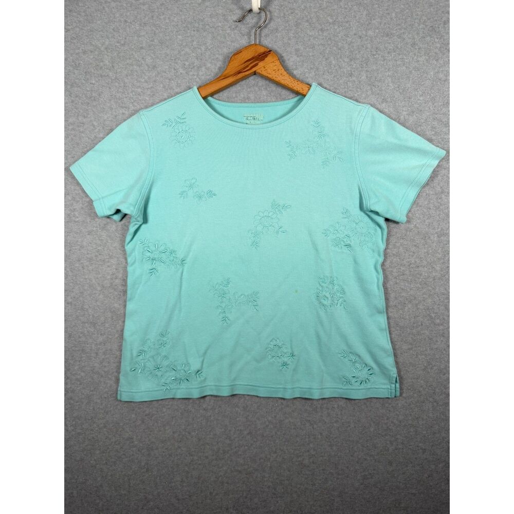Classic Elements Aqua Floral Embroidered T-Shirt Women’s Large L 3813